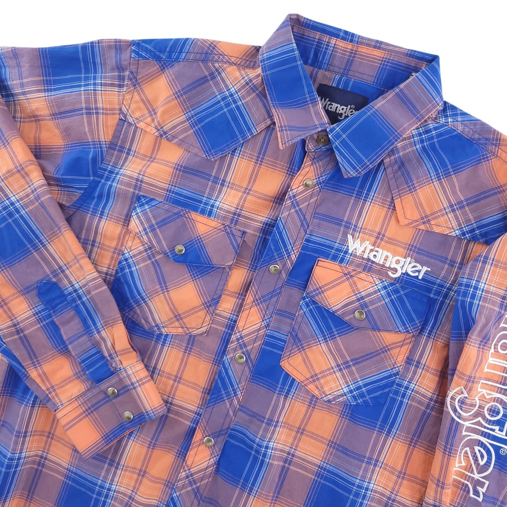 Wrangler Shirt Boys 2XL Orange Blue Plaid Long Sleeve Western Pearl Snap‎ Logo
